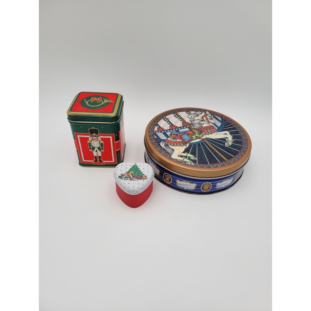 Lot Of 3 Vintage Christmas Cookie Candy Tins Nutcracker Carousel Horse Heart